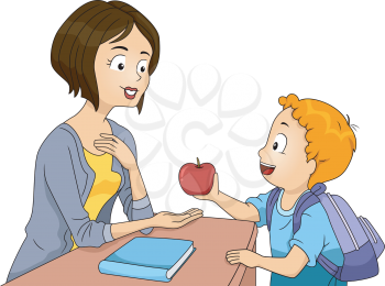 Illustration of a Little Boy Handing an Apple to His Teacher