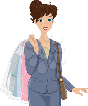 Illustration of a Girl in an Office Attire Carrying Clothes She Picked Up from the Dry Cleaners