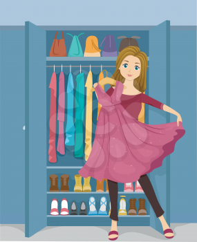 Illustration of a Girl Standing in Front of a Closet Holding a Pink Glittery Dress
