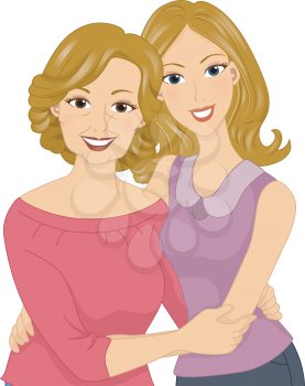 Illustration of a Woman Hugging Her Middle-aged Mom