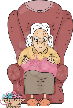 Illustration of an Elderly Woman Happily Knitting Her Spare Time Away