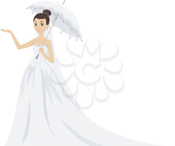 Illustration of a Lovely Bride in Her Wedding Gown Standing Under a White Umbrella