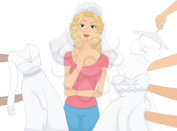 Illustration of a Beautiful Woman Choosing Among Different Designs of Bridal Gowns