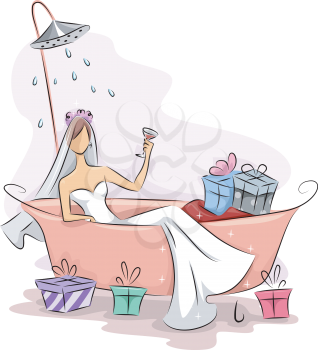 Illustration of a Bride Lying on a Bathtub Filled with Gifts While a Shower Sprinkles Water On Her Head