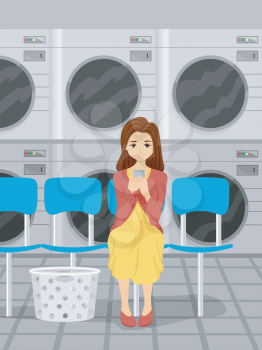 Illustration of a Girl Using Her Phone While Waiting for Her Laundry to be Washed