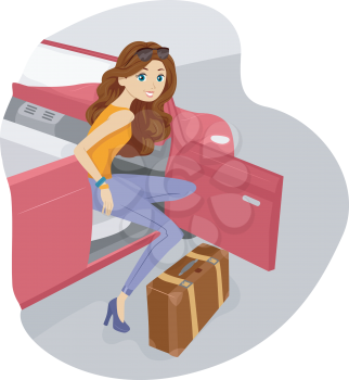 Illustration of a Woman Stepping Out of Her Car with a Piece of Luggage