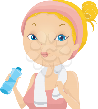 Illustration of a Woman Wearing Exercise Clothing Drinking from a Water Bottle