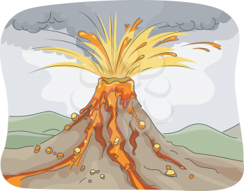 Illustration Featuring an Erupting Volcano Spewing Lava, Ashes, and Rocks/, , 