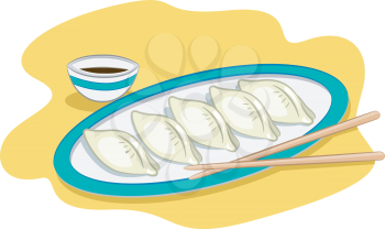 Illustration of a Plate of Dumplings with a Pair of Chopsticks and a Small Bowl of Condiment Resting on the Side