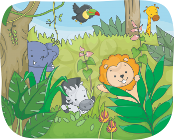 Illustration Featuring Safari Animals Playing in the Jungle