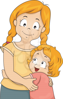 Illustration of a Little Girl Giving Her Elder Sister a Big Hug