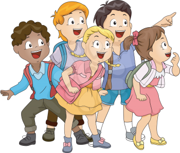 Illustration of a Group of Kids Looking Upwards at the Left Side of the Screen