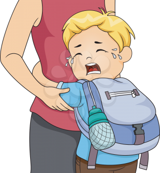 Illustration of a Little Boy Crying Out Loud Whie Clinging to His Mom