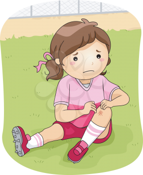 Illustration of a Little Football Player Checking Her Injured Knee