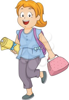 Illustration of a Little Girl Carrying a Roll of Fabric and a Sewing Kit
