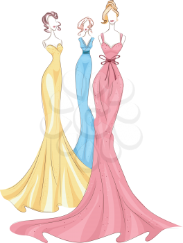 Illustration Featuring Mannequins Wearing Colorful Gowns