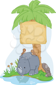 Board Illustration Featuring a Cute Rhinoceros with Birds Resting on Its Back