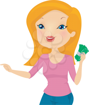 Illustration of a Girl Holding a Wad of Cash Pointing to the Right