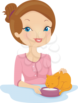 Illustration of a Pretty Woman Giving Her Pet Cat Some Milk