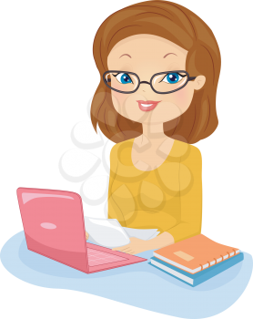 Illustration of a Female Editor in Glasses Reading Documents