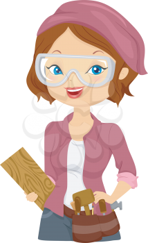 Illustration of a Girl Carrying Wood Carving Materials