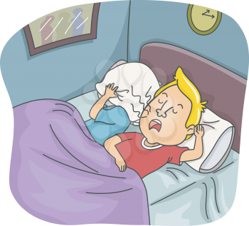 Illustration of an Irritated Wife Covering Her Ears While Her Husband Snores