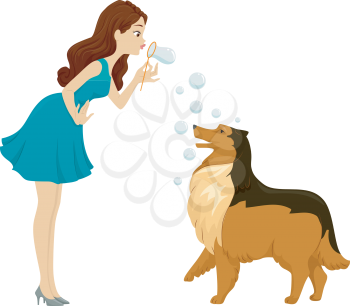 Illustration of a Woman Playing with Bubbles with Her Pet Dog