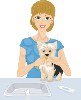 Illustration of a Woman Brushing the Teeth of Her Pet Dog