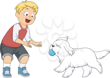 Illustration of a Little Boy Playing Fetch with His Dog