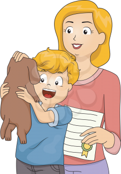 Illustration of a Boy Holding a Dog They Recently Adopted Happily