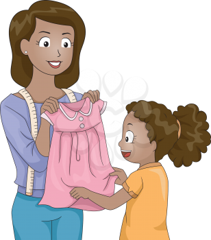 Illustration of a Mother Presenting a Dress She Has Sewn Herself to Her Daughter