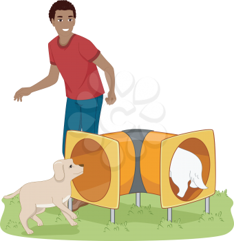 Illustration of a Man Teaching His Dogs How to Walk Through a Tunnel