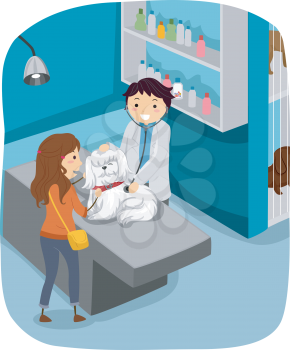 Illustration of a Woman Taking Her Dog to the Veterinarian for a Check Up
