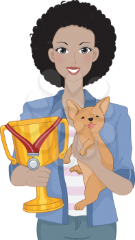 Illustration of a Woman Carrying Her Pet Dog in One Arm and a Trophy in the Other