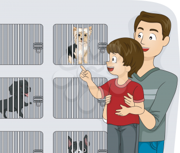 Illustration of a Father Taking His Kid to a Pet Shop to See the Dogs