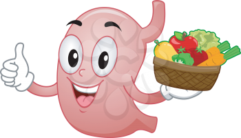 Mascot Illustration Featuring a Stomach Carrying a Basket of Fruits and Vegetables