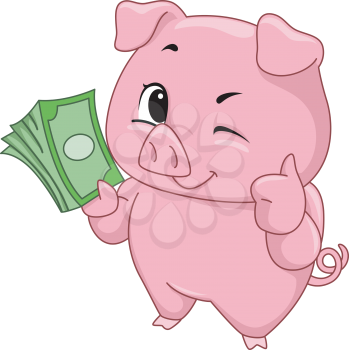 Illustration of a Cute Little Pig Holding a Stack of Cash
