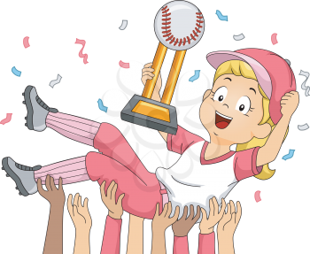 Illustration of a Female Baseball Player Holding a Championship Trophy