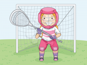 Illustration of a Girl in Lacrosse Gear Assuming a Goalie's Position