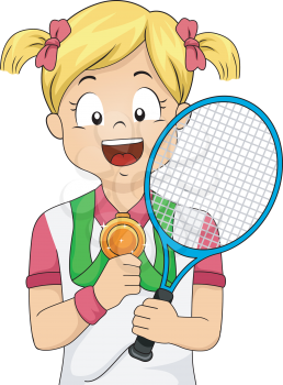Illustration of a Young Female Tennis Player Showing Her Medal