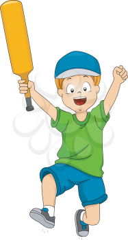 Illustration of a Boy Holding a Cricket Bat Doing a Victory Jump