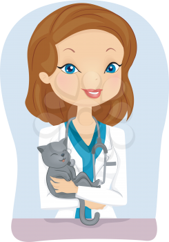 Illustration of a Female Veterinarian Holding a Cat