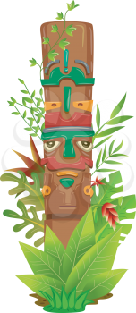 Illustration Featuring a Totem Pole Surrounded by Jungle Plants