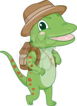 Illustration of a Gecko Wearing a Safari Hat and Bag