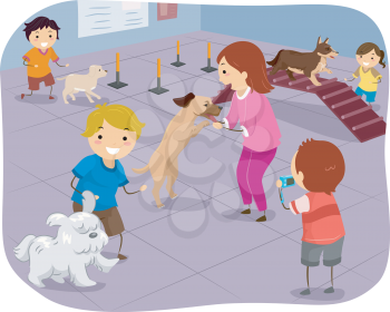 Illustration Featuring a Group of Children Training Their Dogs to Perform Agiliy Tests