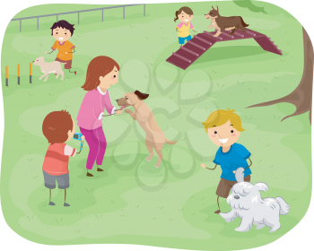 Illustration Featuring a Group of Children Training Their Dogs to Perform Agility Tests
