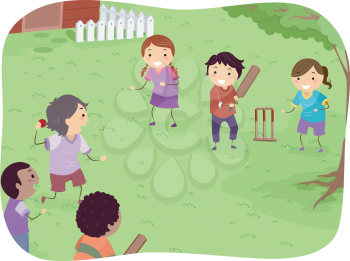 Illustration Featuring Kids Playing Cricket