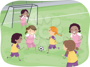 Illustration Featuring a Group of Girls Playing Soccer in a Field