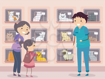 Illustration of a Family Visiting a Cat Shelter