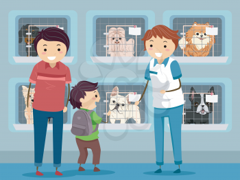 Illustration of a Family Visiting a Dog Shelter